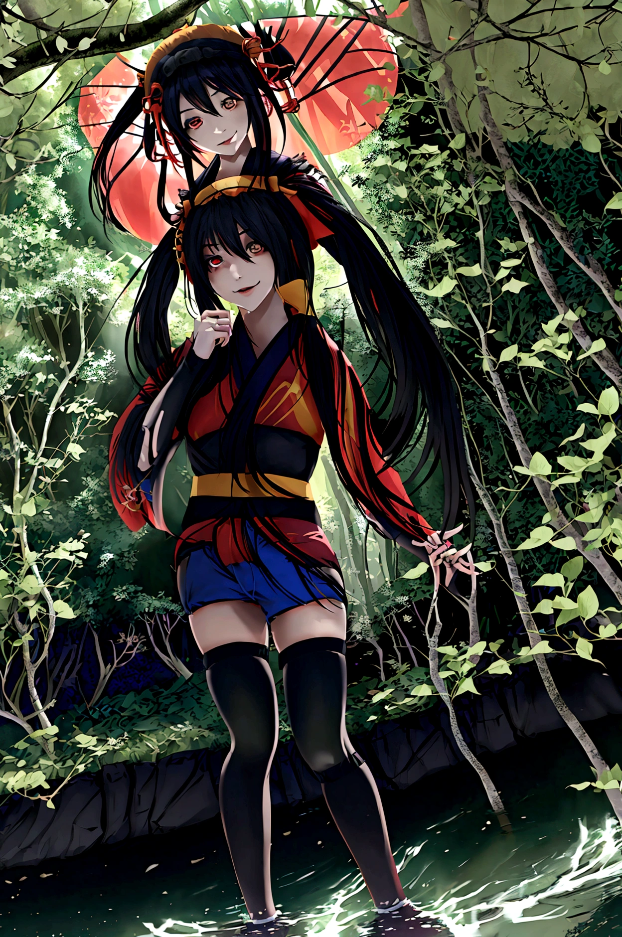 ultra-detailed,highly detailed,best quality,masterpiece,illustration,realistic, photo,photorealistic,
1girl, ((tokisaki kurumi)), ((cosplay)), hair over one eye, (right red eye, left yellow eye), looking at viewer, happy girl, (twintail) , ((kimono)), (((Black hotpants))), hair rings, loafers,
(Outdoors), walking, ((forest)) 
