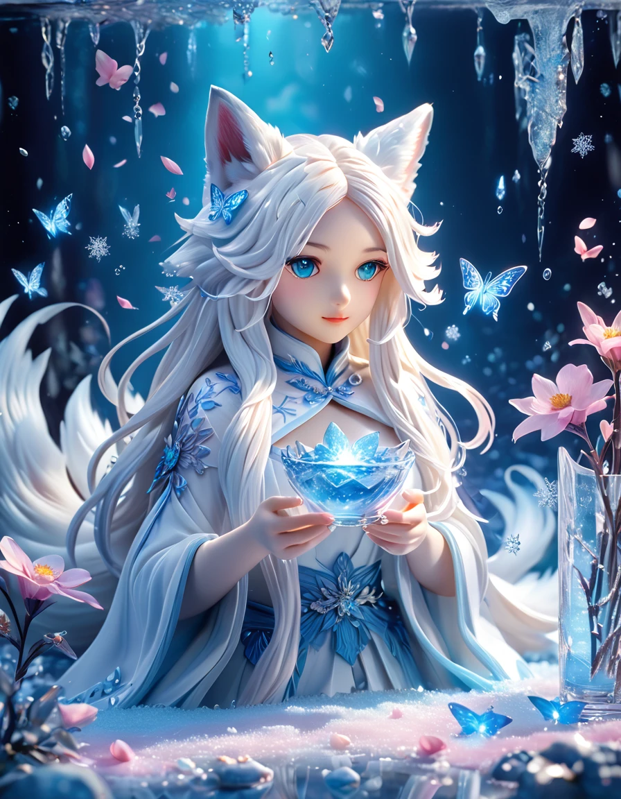 Ultra detailed, HDR, Highres, absurdres, master piece, white fox, Ninetales, expressive blue eyes, glass, ice glittering butterflies, ice, petals, pink ice glass flowers, cute, glittering, water, fantasy, magical, snowflakes, cold, small and cute, glass