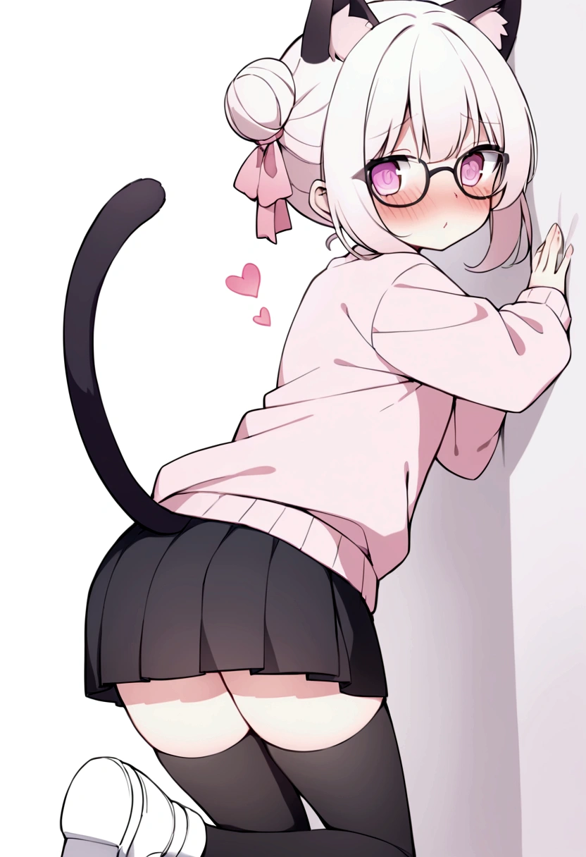 I have white pink hair, cat ears, a bun, my face is super blushing, black glasses, pink heart eyes, a big pink sweatshirt, a black skirt, black stockings, white shoes, a cat&#39;s tail, a girl. very shy that she is glued to a wall with her butt