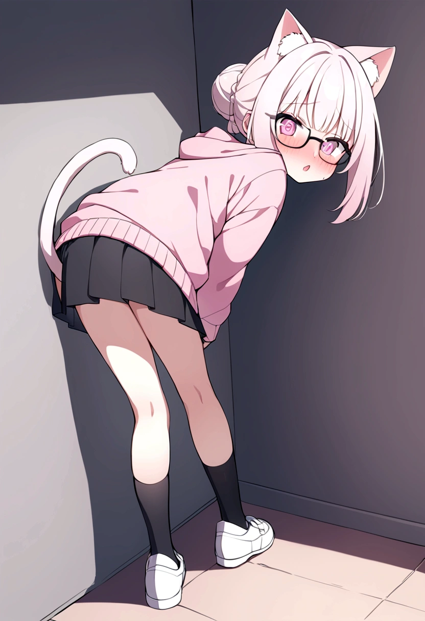 I have white pink hair, cat ears, a bun, my face is super blushing, black glasses, pink heart eyes, a big pink sweatshirt, a black skirt, black stockings, white shoes, a cat's tail, a girl. very shy that she is glued to a wall with her butt