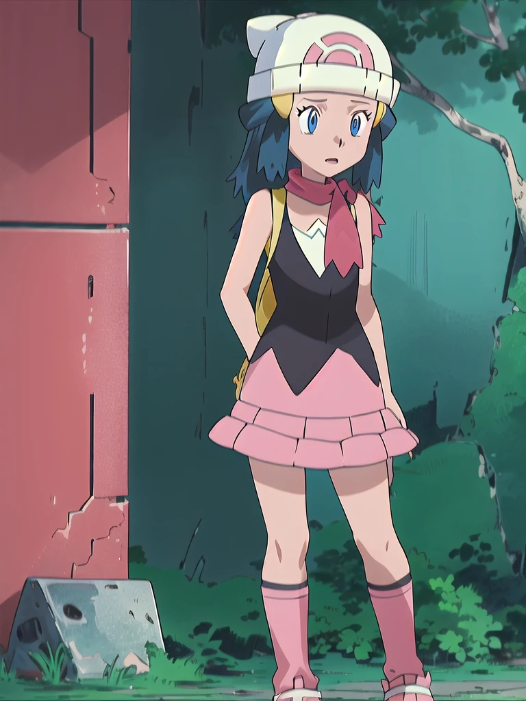 masterpiece, best quality, highres, 1girl, solo, dawn (pokemon), pink scarf, black shirt, pink skirt, hat, outdoors, bare shoulders,