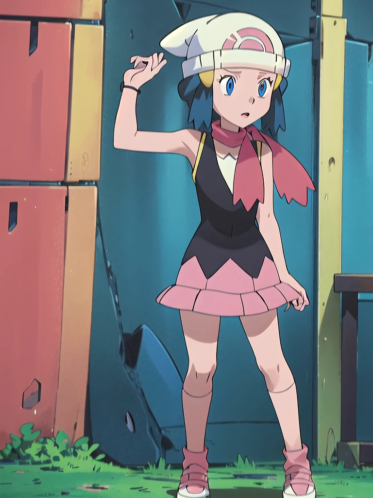 masterpiece, best quality, highres, 1girl, solo, dawn (pokemon), pink scarf, black shirt, pink skirt, hat, outdoors, bare shoulders,