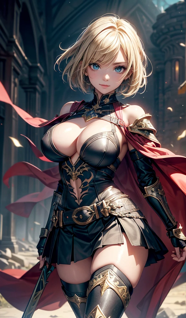 Please follow the all prompts below exactly and faithfully, This is a breathtaking masterpiece of digital illustration, with maximum resolution, UHD, 512K, 2160p, 10 million ppi, 300 million dpi, natural color tones, ultra sharp details, perfect outlines with contrast, ((smooth, soft and clearly and most realistic skin and hair texture)), most beautiful detailed eye features, perfect anatomically correct human body, beautiful background with depth, rule of thirds, depth of field, Maximize all element is used to its full potential to create the best digital illustrations, 1woman, sexy, 25years old, beautiful face sharp, elegant woman, Ultimate perfect body style, beautiful beautiful big breasts, Maximize upturned breasts, green eyes, shiny blonde hair, short hair, bob cut, (eyes visible through hair:1.3), glossy very thick lips, pink lipstick, smile:1.5, Fantasy world warrior with detailed armor, wielding a sword, vibrant colors, dynamic pose, and a skirt. The armor features golden accents, emerald inlays, shoulder pauldrons, chest plate with dragon motif, elbow guards, knee guards, shin guards, leather straps, metal buckles, chainmail underlayer, gauntlets with runes, plumed helmet, decorative belt, flowing cape, thigh-high boots, ornate scabbard, gem-encrusted hilt, floral patterns, and silk lining.