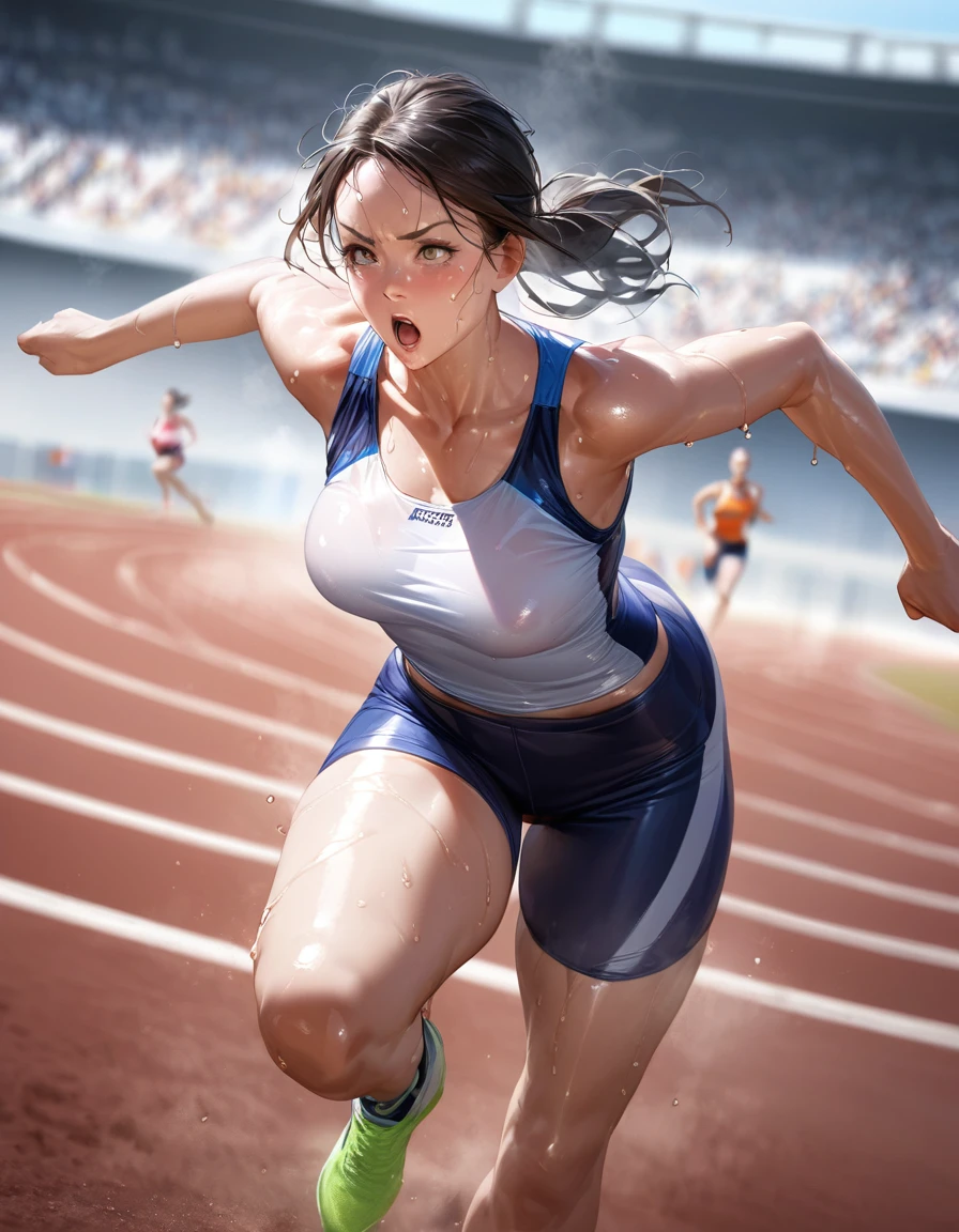 Woman doing athletics,(Highest quality,Extremely detailed depiction,Incredibly absurd high resolution,Anatomically accurate depiction),(Glowing Skin,Shiny skin,Sweat,Large Breasts),Jump,SFW:1.5,background:Athletics Stadium