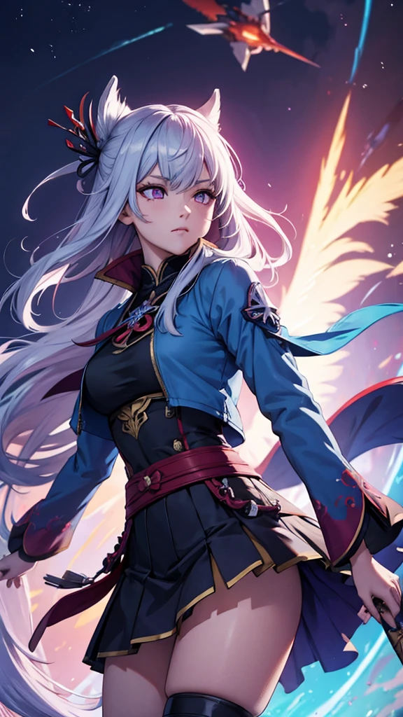1 girl, japanese clothes, Horse tail ,by white, purple eyes, magic circle, blue Fire, blue flames, wallpaper, landscape, blood, blood splatter, depth of field, evening, light particles, Light rays, side lighting, Thighs, destiny \(series\), genshin impact, ****, open jacket, Skirt, Thighs, cloud