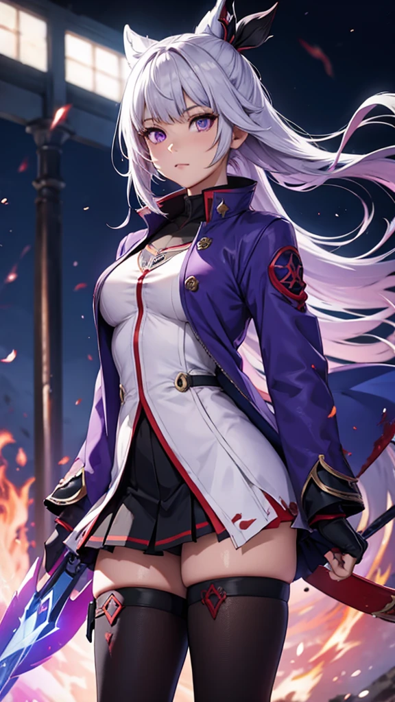 1 girl, japanese clothes, Horse tail ,by white, purple eyes, magic circle, blue Fire, blue flames, wallpaper, landscape, blood, blood splatter, depth of field, evening, light particles, Light rays, side lighting, Thighs, destiny \(series\), genshin impact, ****, open jacket, Skirt, Thighs, cloud