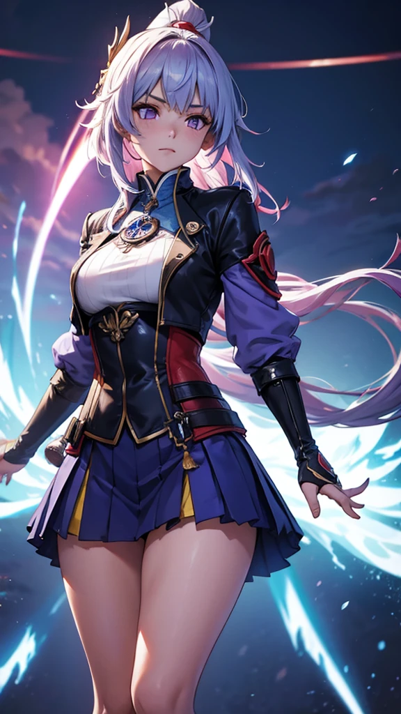 1 girl, japanese clothes, Horse tail ,by white, purple eyes, magic circle, blue Fire, blue flames, wallpaper, landscape, blood, blood splatter, depth of field, evening, light particles, Light rays, side lighting, Thighs, destiny \(series\), genshin impact, ****, open jacket, Skirt, Thighs, cloud
