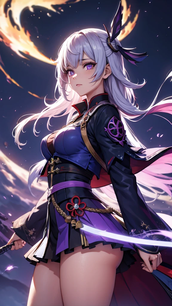 1 girl, japanese clothes, Horse tail ,by white, purple eyes, magic circle, blue Fire, blue flames, wallpaper, landscape, blood, blood splatter, depth of field, evening, light particles, Light rays, side lighting, Thighs, destiny \(series\), genshin impact, ****, open jacket, Skirt, Thighs, cloud