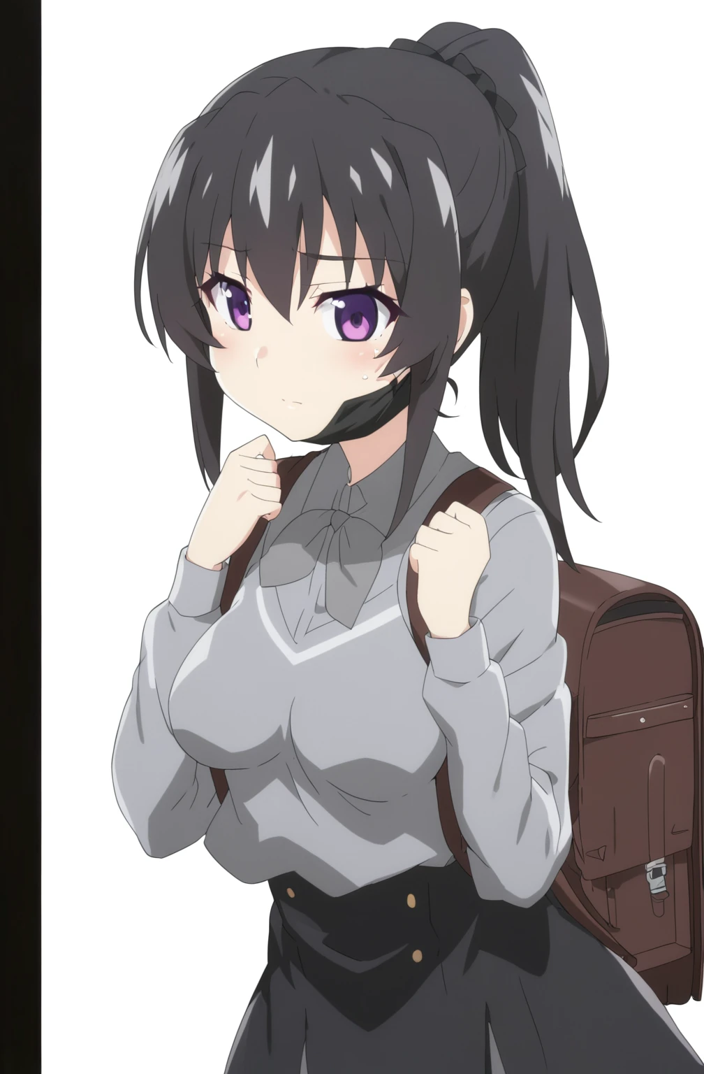 anime girl with a backpack and a mask on her face, purple eyes, anime moe artstyle, cute anime waifu in a nice dress, anime visual of a cute girl, beautiful anime high school girl, gray shirt, short skirt, anime girl with long hair, ponytail hairstyle, high quality anime artstyle, from girls frontline, anime style 4k, mature anime girl, anime girl wearing a black dress, kantai collection style,black shiny hair, normal breast