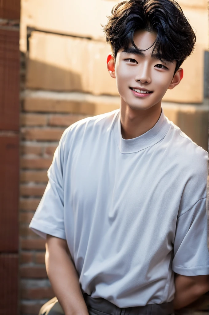 (Masterpiece), (Young refreshing Korean man, Black short hair, smile), Warm, subdued lighting,