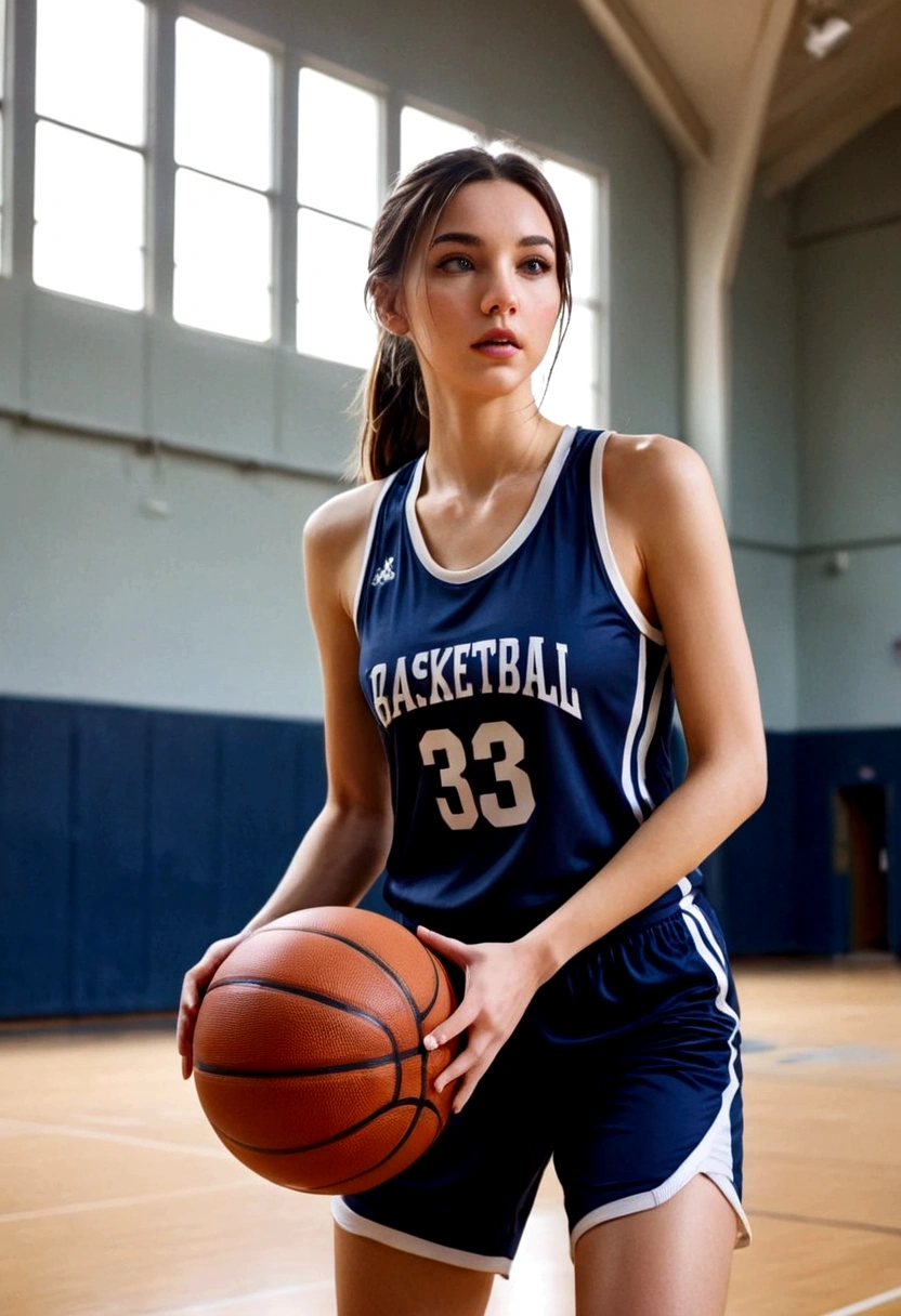 A cute woman in a flattering basketball outfit, she is practicing in an empty gymnasium. Playing Basketball