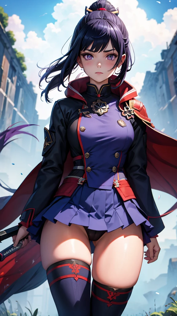 1 girl, japanese clothes, Horse tail ,by white, purple eyes, magic circle, blue Fire, blue flames, wallpaper, landscape, blood, blood splatter, depth of field, evening, light particles, Light rays, side lighting, Thighs, destiny \(series\), genshin impact, ****, open jacket, Skirt, Thighs, cloud