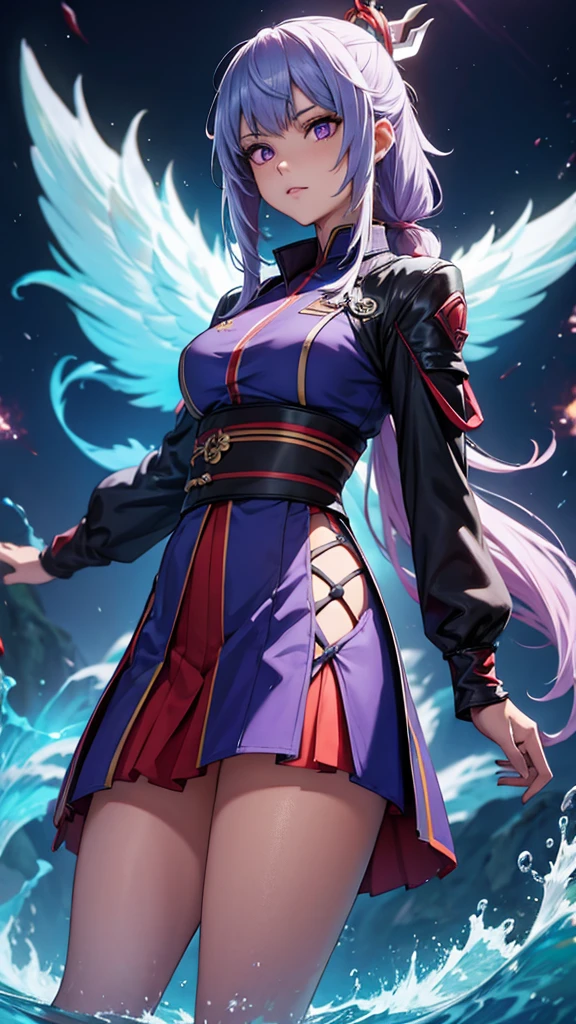 1 girl, japanese clothes, Horse tail ,by white, purple eyes, magic circle, blue Fire, blue flames, wallpaper, landscape, blood, blood splatter, depth of field, evening, light particles, Light rays, side lighting, Thighs, destiny \(series\), genshin impact, ****, open jacket, Skirt, Thighs, cloud