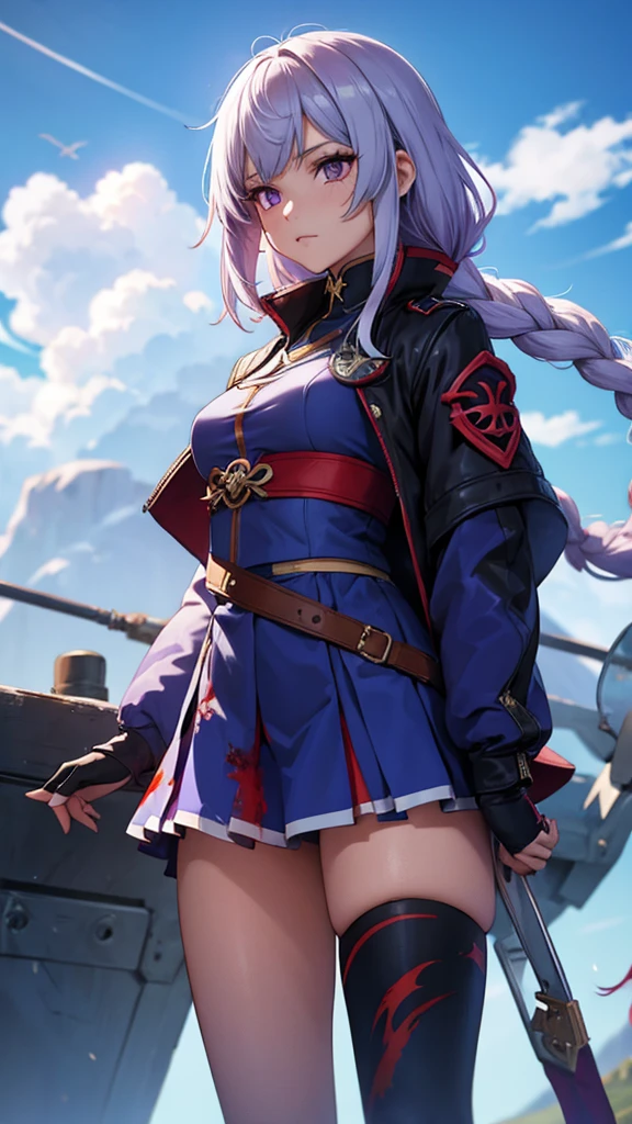 1 girl, japanese clothes, Horse tail ,by white, purple eyes, magic circle, blue Fire, blue flames, wallpaper, landscape, blood, blood splatter, depth of field, evening, light particles, Light rays, side lighting, Thighs, destiny \(series\), genshin impact, ****, open jacket, Skirt, Thighs, cloud