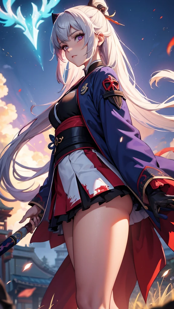1 girl, japanese clothes, Horse tail ,by white, purple eyes, magic circle, blue Fire, blue flames, wallpaper, landscape, blood, blood splatter, depth of field, evening, light particles, Light rays, side lighting, Thighs, destiny \(series\), genshin impact, ****, open jacket, Skirt, Thighs, cloud