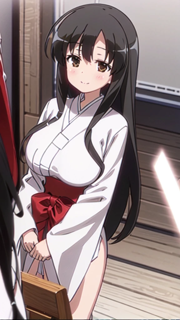 8K, RAW photo, best quality, masterpiece:1.2, Girl in Priestess Uniform, Outfit with open chest, Shoulder-exposing sleeves, Short hakama, Kasumi Iwato, smile, looking at viewer, Gigantic Breasts, Inside Japan house, Close-up from the waist up,