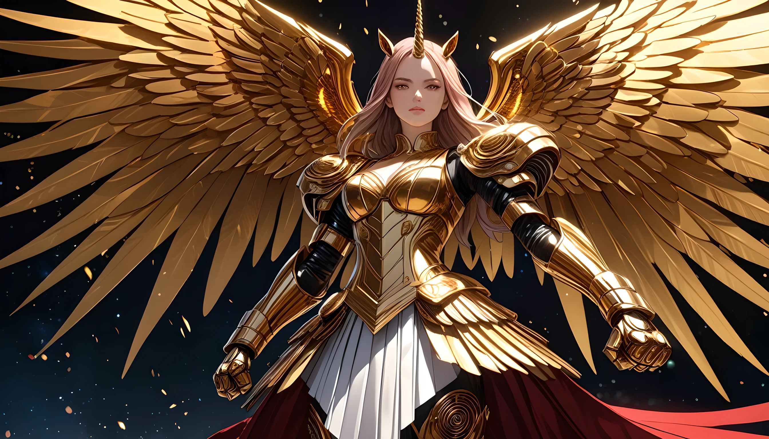 unicorn horn,metal spiral sharp corners,in style of Raymond Pettibon,in style of Santiago Caruso,huge mechanical angel wings,Multi-layered wings, Mechanical wings droop,mechanical_Halation,1 girl,mechanical wrist,mechanical skirt with pleated skirt,(huge makeover mechanical fists:1.5), the fist flashed ,(bold,smooth,elegant,curvaceoous,precise:1.2),Masterpiece,Best Quality,Hyper Detailed,Cinematic Light,Intricate Detail,highres,Official Art,Finely Detailed,High Resolution Illustration,8K,Lens Flare,Light Particles,Dark Intense Shadows,Particles,Detailed Background,Detailed Glow,Detailed Reflection,Detailed,Whole body wide color gamut diffuse gradient paint,