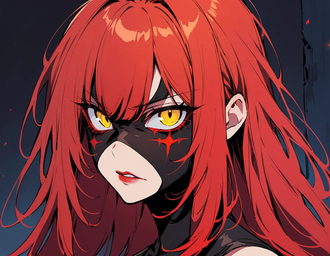 Long red hair, yellow eyes, evil, sexy, black and red clothes, cute hairstyle, evil face, evil, serious look, black face mask, gloss lips, sinister, front look, bloody, gloves, close up, portrait, beautiful eyes, short dress, big white, dark place, night, sensual, straigh hair cut, clear skin, evil, young 30 years girl, adult girl, solo, red, very long hair,