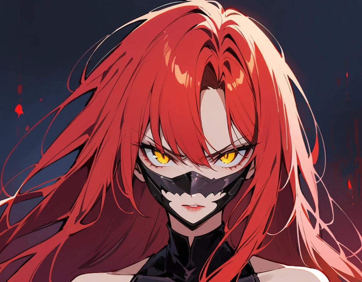 Long red hair, yellow eyes, evil, sexy, black and red clothes, cute hairstyle, evil face, evil, serious look, black face mask, gloss lips, sinister, front look, bloody, gloves, close up, portrait, beautiful eyes, short dress, big white, dark place, night, sensual, straigh hair cut, clear skin, evil, young 30 years girl, adult girl, solo, red, very long hair, 