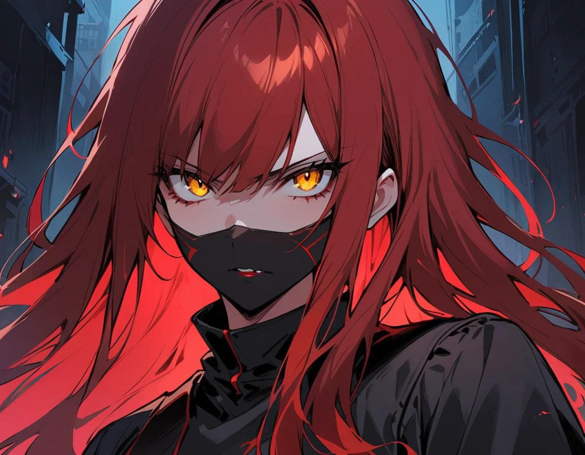 Long red hair, yellow eyes, evil, sexy, black and red clothes, cute hairstyle, evil face, evil, serious look, black face mask, gloss lips, sinister, front look, bloody, gloves, close up, portrait, beautiful eyes, short dress, big white, dark place, night, sensual, straigh hair cut, clear skin, evil, young 30 years girl, adult girl, solo, red, very long hair,