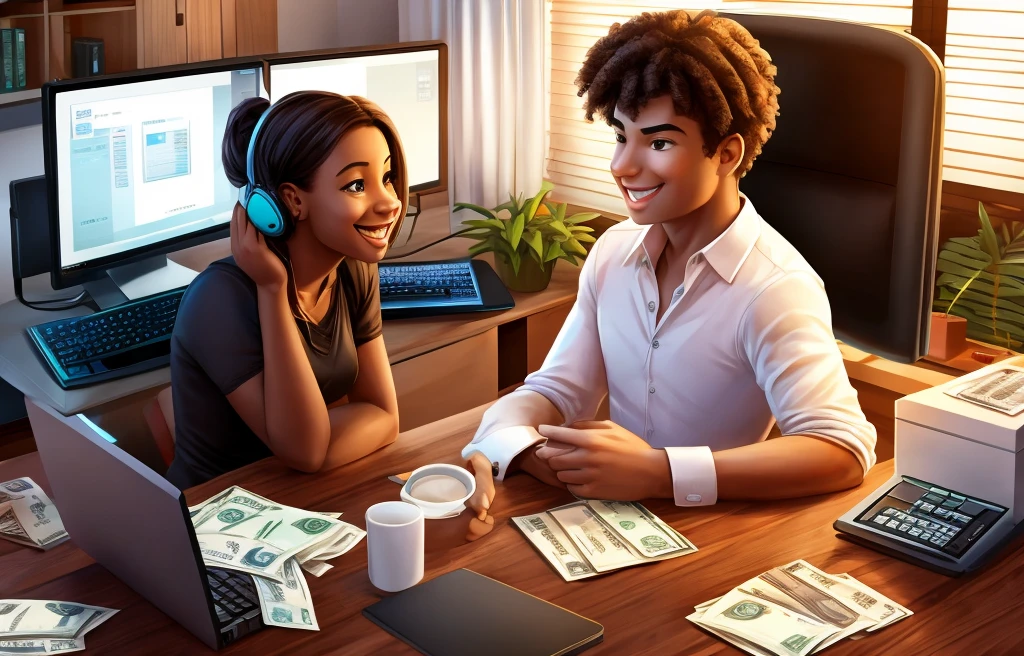 Create images of a happy young woman with a lot of money because she found a winning digital product. He has a computer. It is a luxurious place. 