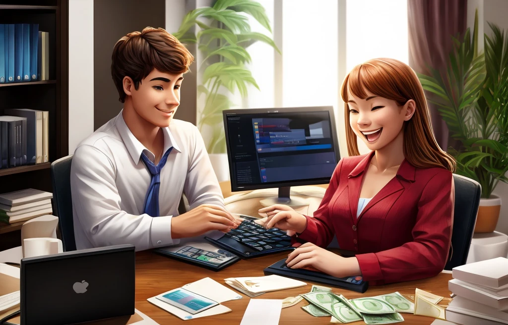 Create images of a happy young woman with a lot of money because she found a winning digital product. He has a computer. It is a luxurious place. 