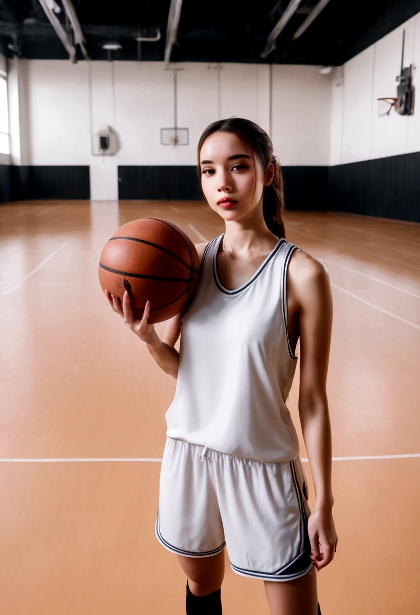 A cute woman in a flattering basketball outfit, she is practicing in an empty gymnasium. Playing Basketball
