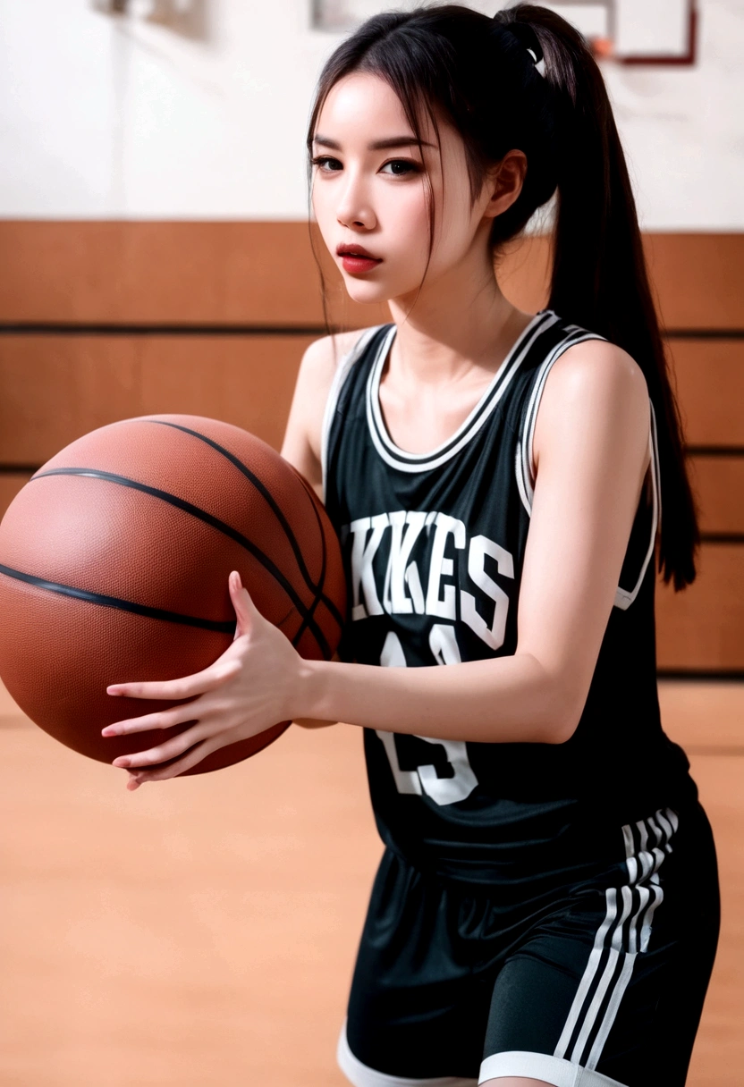 A cute woman in a flattering basketball outfit, she is practicing in an empty gymnasium. Playing Basketball
