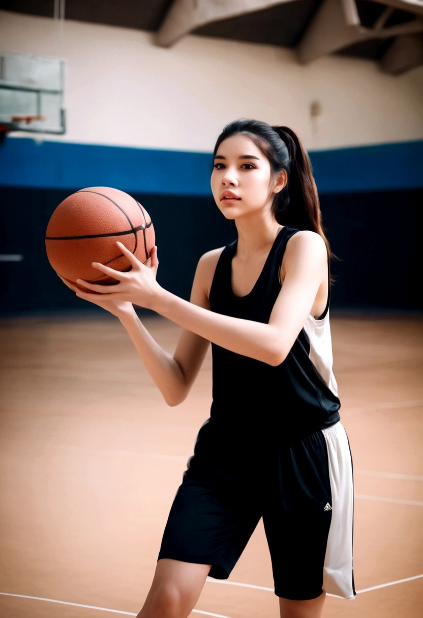 A cute woman in a flattering basketball outfit, she is practicing in an empty gymnasium. Playing Basketball
