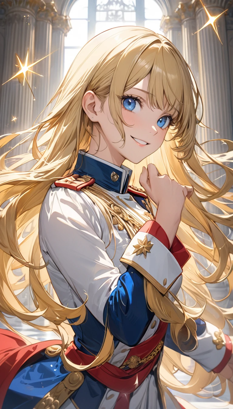 ((best quality)), ((masterpiece)), (detailed face and eyes), detailed hands and fingers, perfect face, accurate, textured skin, high details, blonde hair, hair behind ear, straight hair, floating hair, tareme, blue eyes, smile, Expressionism, anime, sparkle, Military uniform, Woman dressed as Napoleon, cowboy shot, At the Palace of Versailles