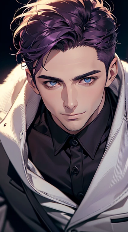 (best quality,4k,8k,highres,masterpiece:1.2),ultra-detailed,(realistic,photorealistic,photo-realistic:1.37),1 man,31 years old,mature man,very handsome,without expression,smile,short purple hair,blue eyes,penetrating gaze,perfect face without errors,imposing posture,businessman,office background,cinematic lighting,hdr image
