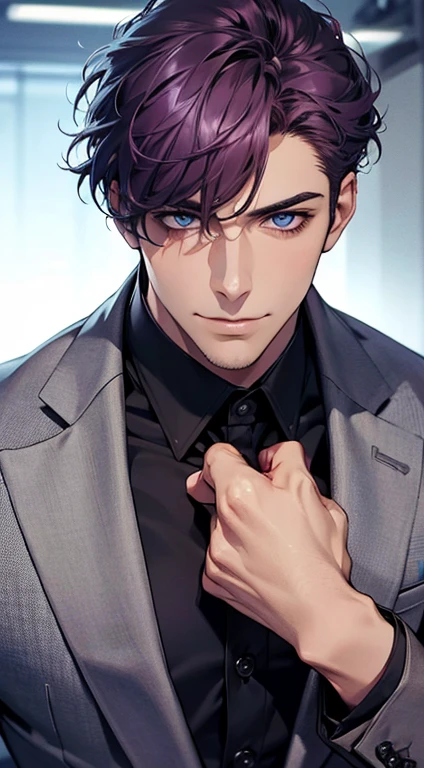 (best quality,4k,8k,highres,masterpiece:1.2),ultra-detailed,(realistic,photorealistic,photo-realistic:1.37),1 man,31 years old,mature man,very handsome,without expression,smile,short purple hair,blue eyes,penetrating gaze,perfect face without errors,imposing posture,businessman,office background,cinematic lighting,hdr image