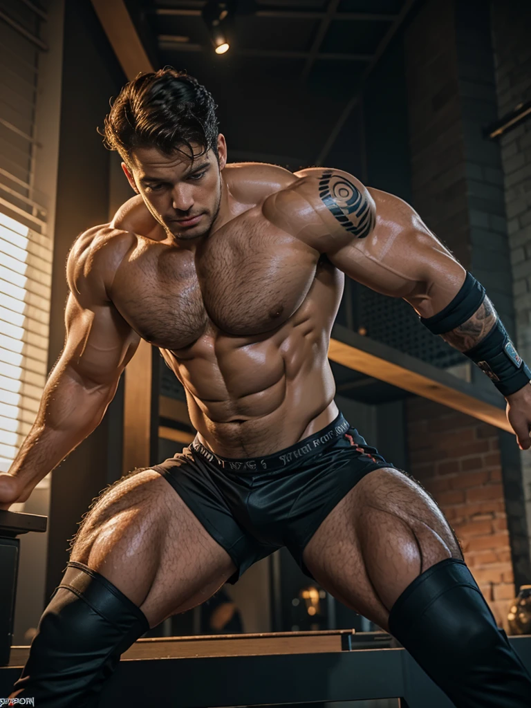 henry cavill (best quality,4k,8k,highres,masterpiece:1.2),ultra-detailed,(realistic,photorealistic,photo-realistic:1.37), sexy boy posing,portrait,emotion,casual outfit,dark background,vivid colors,dynamic lighting,sharp focus,muscular,stylish hair,smoldering eyes,intense gaze,strong jawline,defined facial features,confident expression,lean body,striking pose,athletic physique,tattoos,edgy style,shirtless,close-up,dramatic lighting,sexy smile,piercing gaze,masculine charm,sensual,alluring,provocative stare,perfect body,dominant attitude