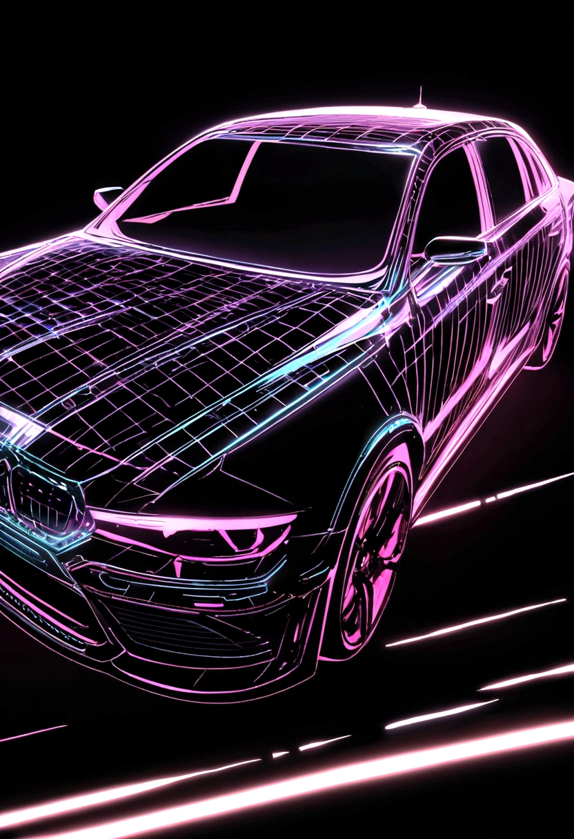 virtual glowing translucent holographic wireframe of a car, black background
