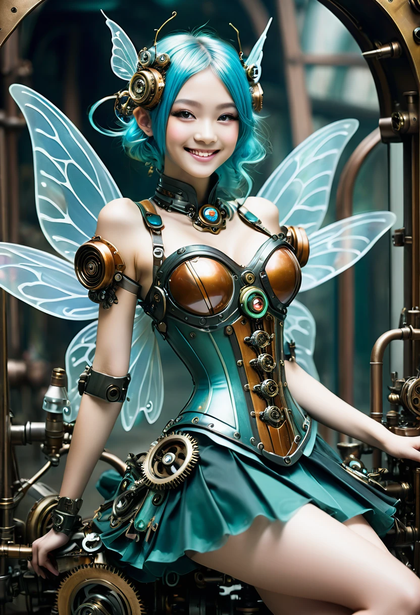 steampunkai。One Girl。Mechanical fairy。(smile)。(Close ~ eyes)。Floating in the air。Full body portrait。