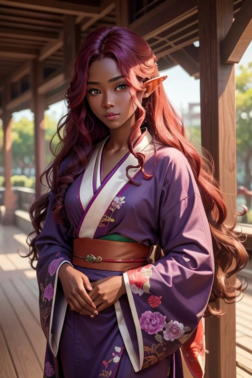 Elf with dark skin color with voluminous red wavy hair with green eyes of 25 years old appearance wearing a casual purple long kimono