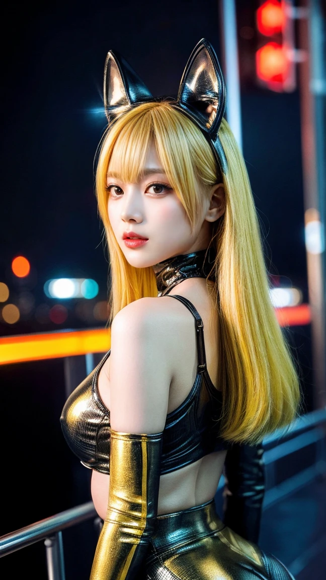 最high quality, masterpiece, 32k、Very detailed、Realistic、1 Girl, Japanese women、Accentuate the breasts for posing、She leans forward and poses sexy.、Cute face, (photo Actual:1.3),Bob Hair(Yellow hair color、Yellow Hair)、Edge lighting, (Skin with attention to detail:1.2), 8K超High resolution, Single-lens reflex camera, high quality, High resolution, 4K, 8K, Optimal ratio of four fingers to one thumb, (Actual:1.3), cute 1 Girl, Realistic、Super Realistic、32k、Very detailed、masterpiece, 最high quality, beautiful girl, beauty、Gorgeous girl, Big Breasts,Big Tits、Big Boobs、Big Ass, Tight waist, Spread your legs, Plenty of facial detail, Futuristic sexy costume, cyber punk, Yellow very long hair, City of the Future, hologram, Neon lighting, Very detailedな, High resolution, masterpiece, high quality, High resolution, Fox Ears,