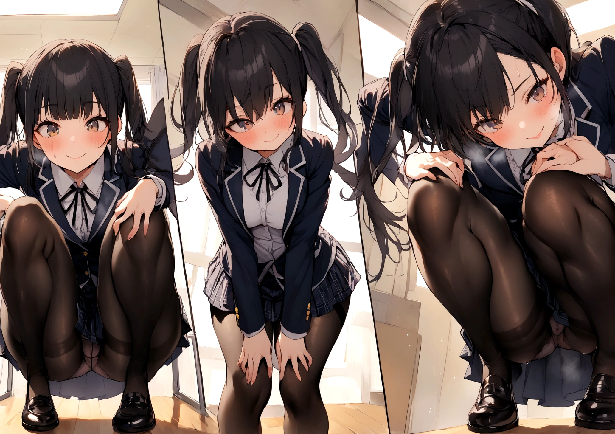 One girl in a mini skirt, Squat with your legs wide apart、Looking down at the viewer, Twin tails, Highest quality, Focus on the thighs, Dynamic pose, smile, blazer, blouse, Black Pantyhose, panties under pantyhose, , classroom, Black Hair,My thighs are steaming between the legs 、Sweaty pantyhose