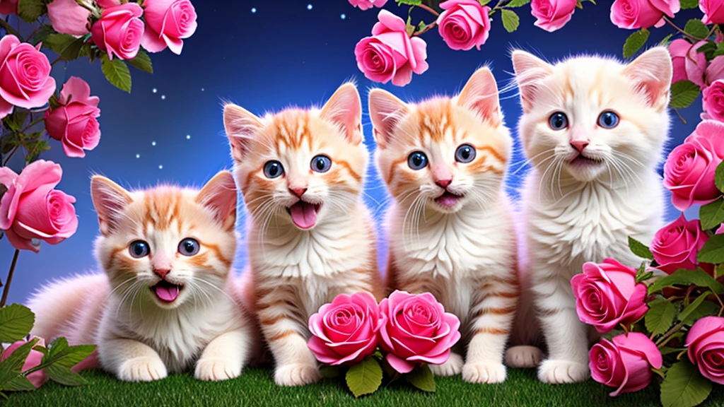 In this ultra-detailed CG art, cute kittens surrounded by ethereal roses, laughter, best quality, high resolution, intricate details, fantasy, cute animals, left, funny, left!! Mouth!!! Laugh!!!