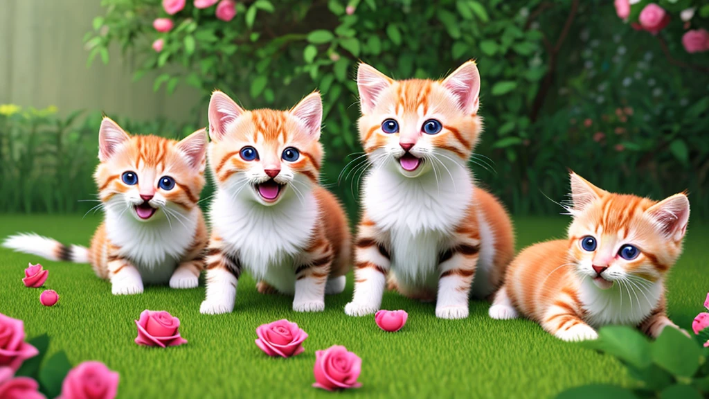 In this ultra-detailed CG art, cute kittens surrounded by ethereal roses, laughter, best quality, high resolution, intricate details, fantasy, cute animals, left, funny, left!! Mouth!!! Laugh!!!