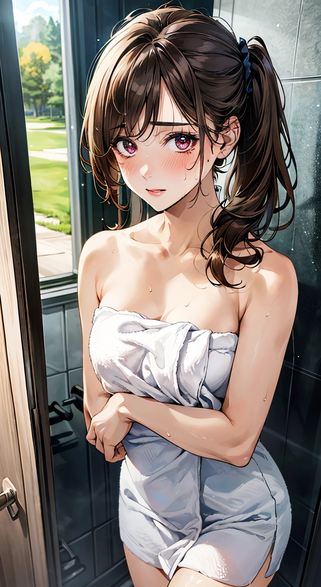 (masterpiece:1.3, top-quality, ultra high resolution, ultra detailed), (realistic, photorealistic:1.4), beautiful illustration, perfect lighting, natural lighting, depth of fields, nsfw, 
beautiful detailed hair, beautiful detailed face, beautiful detailed eyes, beautiful clavicle, beautiful body, beautiful chest, beautiful thigh, beautiful legs, beautiful hands, shiny skin, 
looking at viewer, face focus, upper body, 1 girl, high school girl, (perfect anatomy, anatomically correct, super detailed skin), cute and symmetrical face, face, perfect face, perfect eyes, 
(middle hair, side ponytail, light brown hair), swept bangs, maroon eyes, big eye, long eye lasher, (medium breasts, seductive thighs), slender, outstanding style, 
((detailed cloth texture, naked towel, sweaty)), 
(beautiful scenery), evening, ((outside shower room)), standing, (upper eyes, embarrassed),