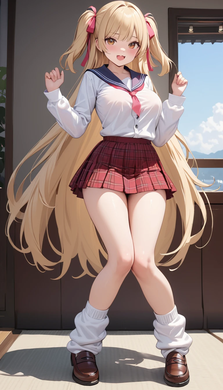 NSFW, I'm going to fuck you so much, you're going to stick your ass out at me. (standing doggy style sex from behind:1.4), (1girl, sharp focus solo), full body standing image, (Masterpiece, Super realistic, Super details, Super Highest Quality, Super Highest Quality), super cute and beautiful girl, You are male professional photographer, Japanese gal, For dark brown eyes, Blonde yellow hair, Pink ribbon, gal make-up, False eyelashes, Pearl pink lips, Unbuttoned out Hemmed sailor red open collared open front white shirt, (Very thin shirt:1.3), beautiful focus, big open mouth, (brown eyes:1.4), big round chest, BREAK, (Half down two side up blonde very long hair style:1.4), (Wider at the hem flabby large in size Super Loose Socks:1.4), (wear loafer:1.2), An innocent , (skin fang:1.2), realistic cute Japanese girl, standing pose, wear white unbuttoned shirt, low-rise pleated plaid micro mini skirt, loose socks, loafer, Japanese cute girls, long slim legs, long hair, blonde hair, two side up, hair ribbon, pink ribbon, , frills, opened sailor collar, necktie, white shirt, long sleeves, red skirt, from below, (Costume trimmed with white frills:1.4),