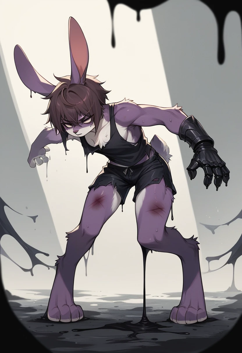 create a picture of a female half rabbit character with purple giant rabbit digitigrade legs with white paws, put purple rabbit ears on top of her head, make her wearing a black athletic tank top and black shorts, put purple fur on her arms from her elbows down, give her short brown hair, make her legs look fluffy and furry, make it in an anime style, make her outfit slightly tattered and torn, make her look super tired, give her black gauntlets, make the background look like a pitch black wet environment, cover her fur in black goo, make the black goo dripping from her arms and legs, make her look bruised, make her standing tall and determined