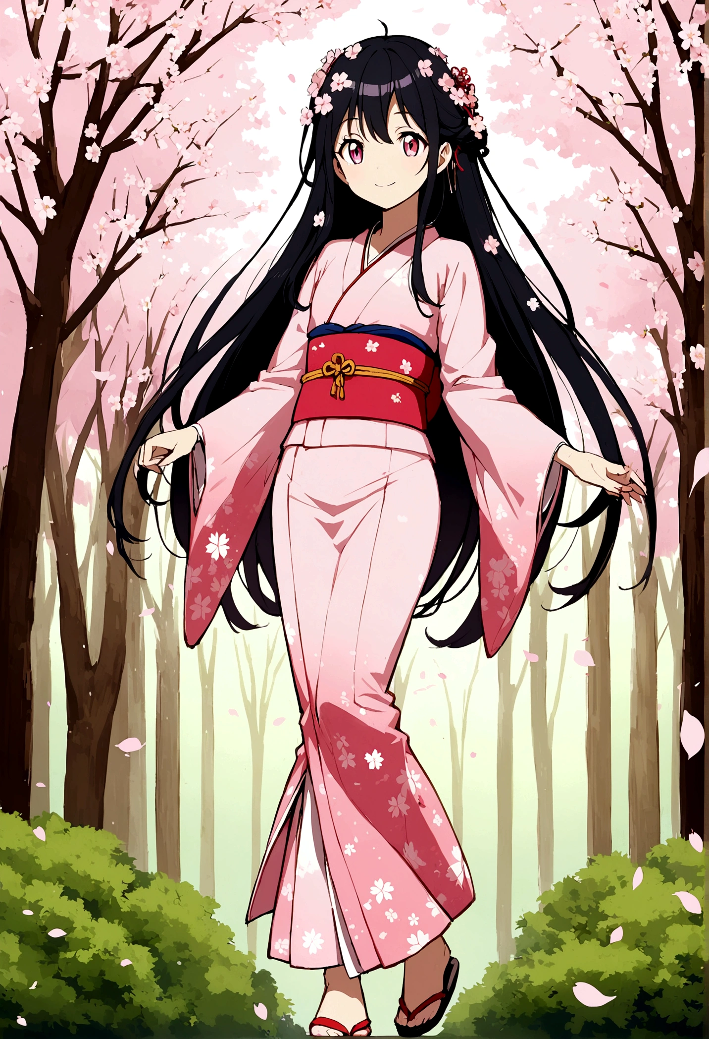 Anime woman, pink traditional kimono, Cherry blossom, Black long hair, smile, pink eyes, flat chest, Full body, sexy, Forest background, small waist, flowers on hair