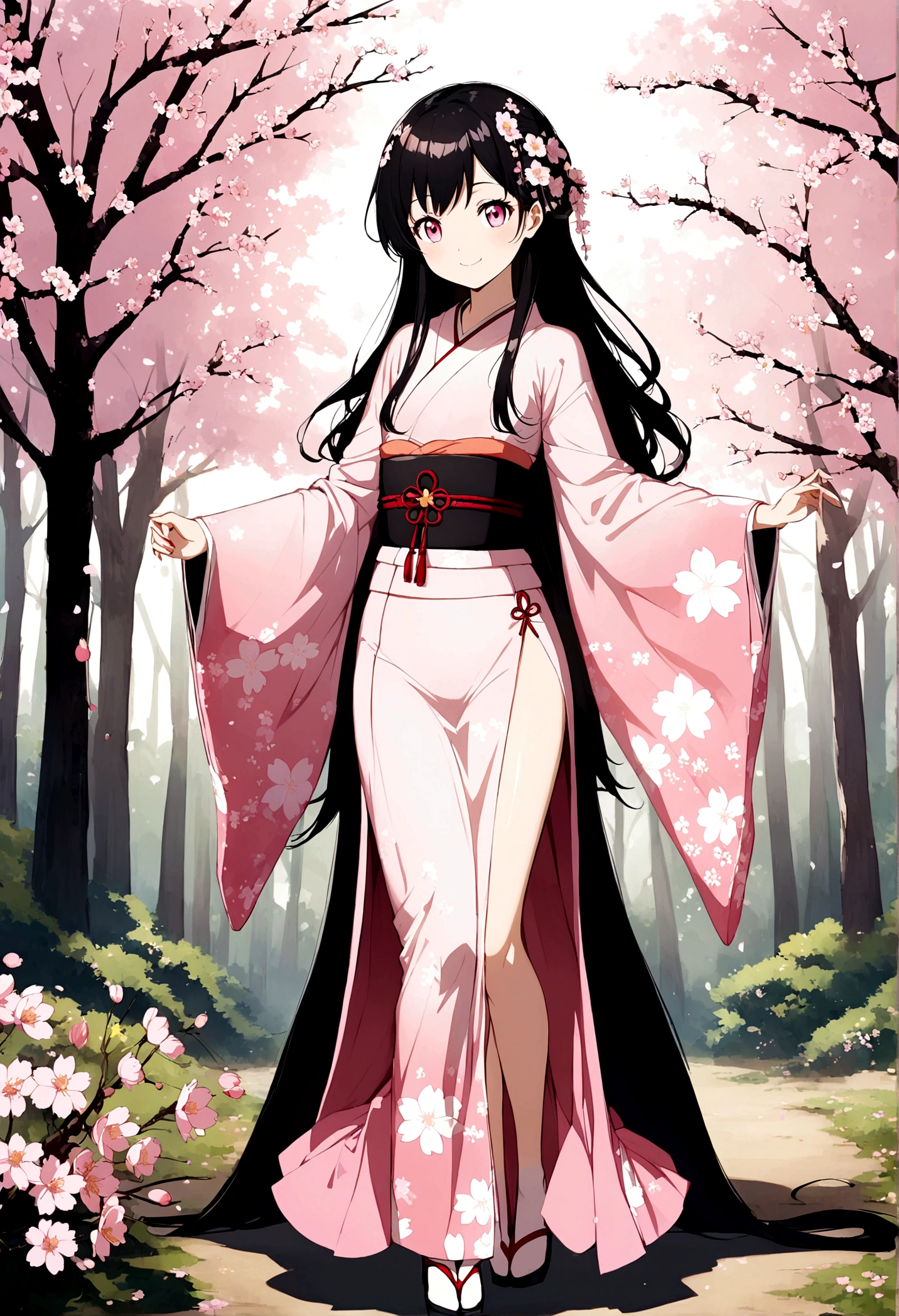 Anime woman, pink traditional kimono, Cherry blossom, Black long hair, smile, pink eyes, flat chest, Full body, sexy, Forest background, small waist, flowers on hair