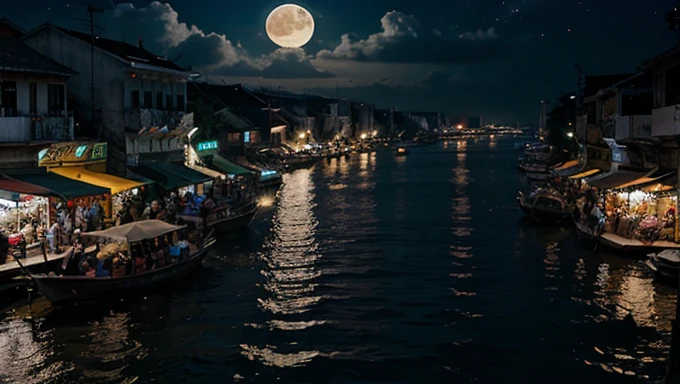 ultra realistic, no pople, vietnam, market, night, big moon, port background