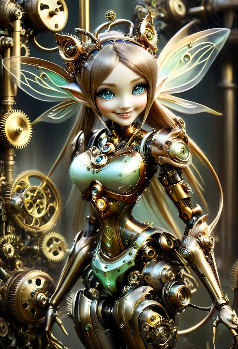steampunkai。One Girl。Mechanical fairy。(smile)。(Close ~ eyes)。Floating in the air。Full body portrait。