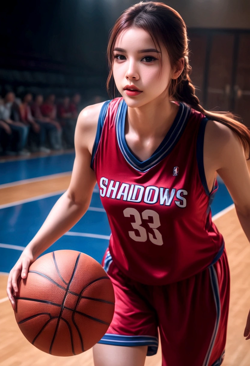 a cute woman in a flattering basketball outfit, playing basketball in an empty gymnasium, detailed face and body, realistic, high quality, 8k, photorealistic, professional lighting, dynamic pose, athletic, sporty, fit, healthy, glowing skin, beautiful eyes, detailed facial features, detailed basketball uniform, shiny hardwood floor, bright and airy gymnasium interior, warm lighting, dramatic shadows, cinematic composition, vibrant colors