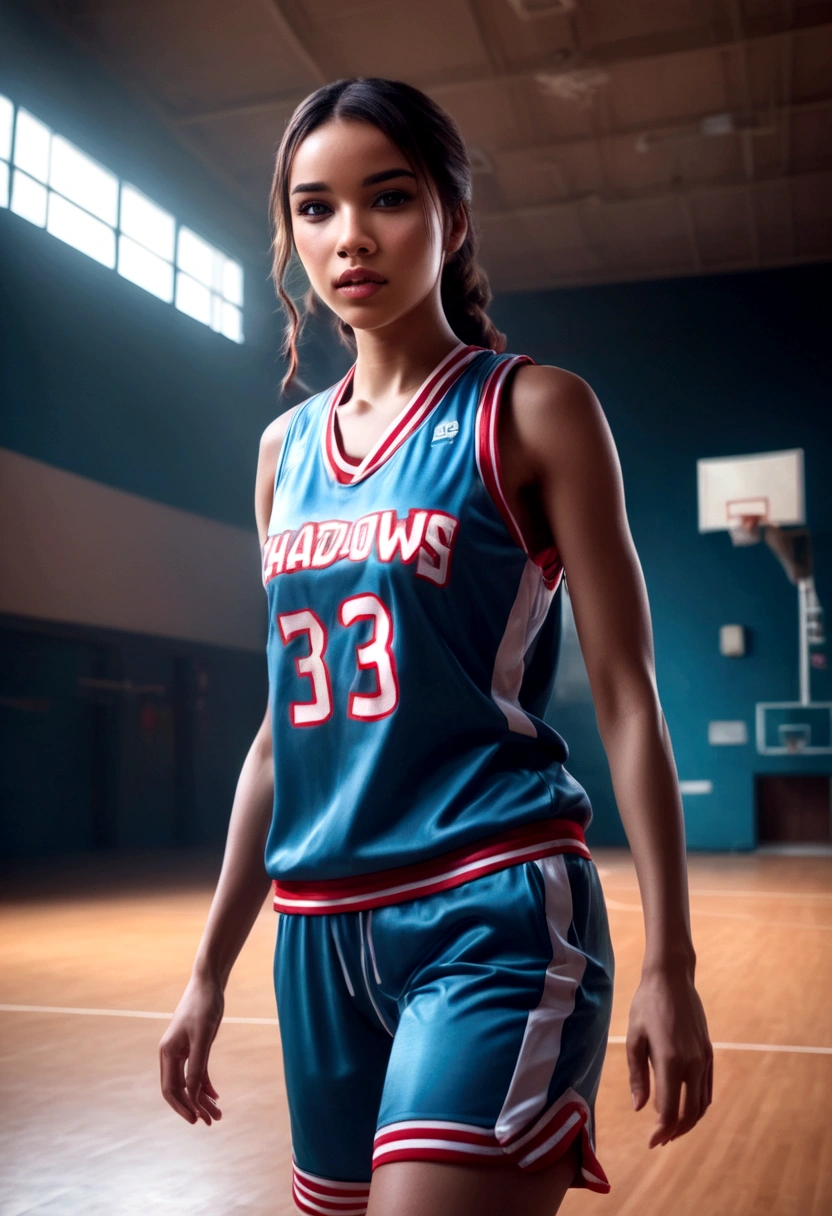 a cute woman in a flattering basketball outfit, playing basketball in an empty gymnasium, detailed face and body, realistic, high quality, 8k, photorealistic, professional lighting, dynamic pose, athletic, sporty, fit, healthy, glowing skin, beautiful eyes, detailed facial features, detailed basketball uniform, shiny hardwood floor, bright and airy gymnasium interior, warm lighting, dramatic shadows, cinematic composition, vibrant colors