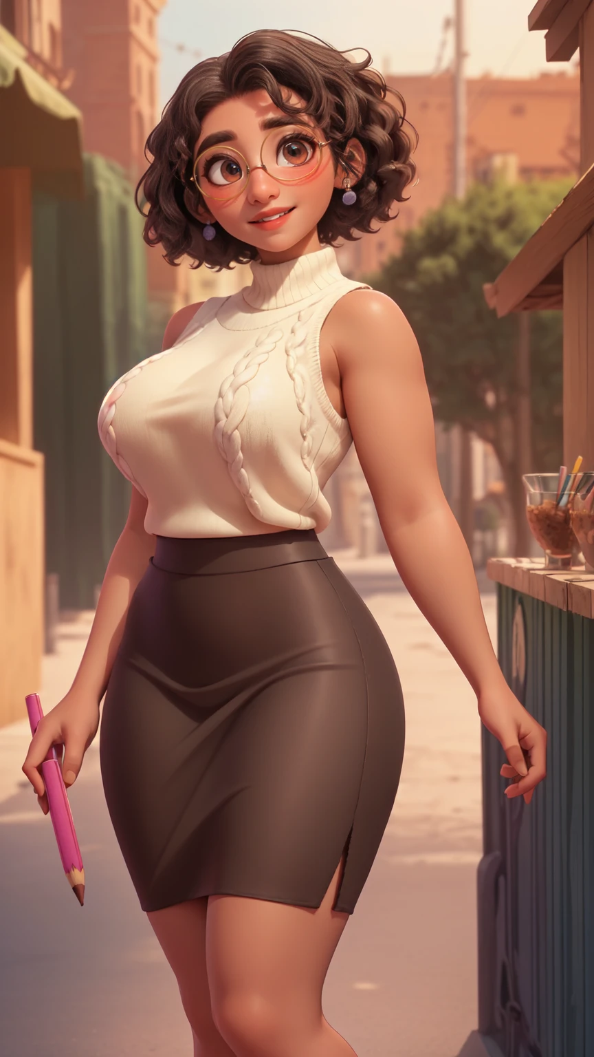 mirabel madrigal, glasses, smile, ((sleeveless sweater)), market background, (((pencil skirt))), (((brown skin))), detailed skin, perfect legs, perfect thighs, (((curvy body))), BIG BREASTS, INVITING TO SEX
